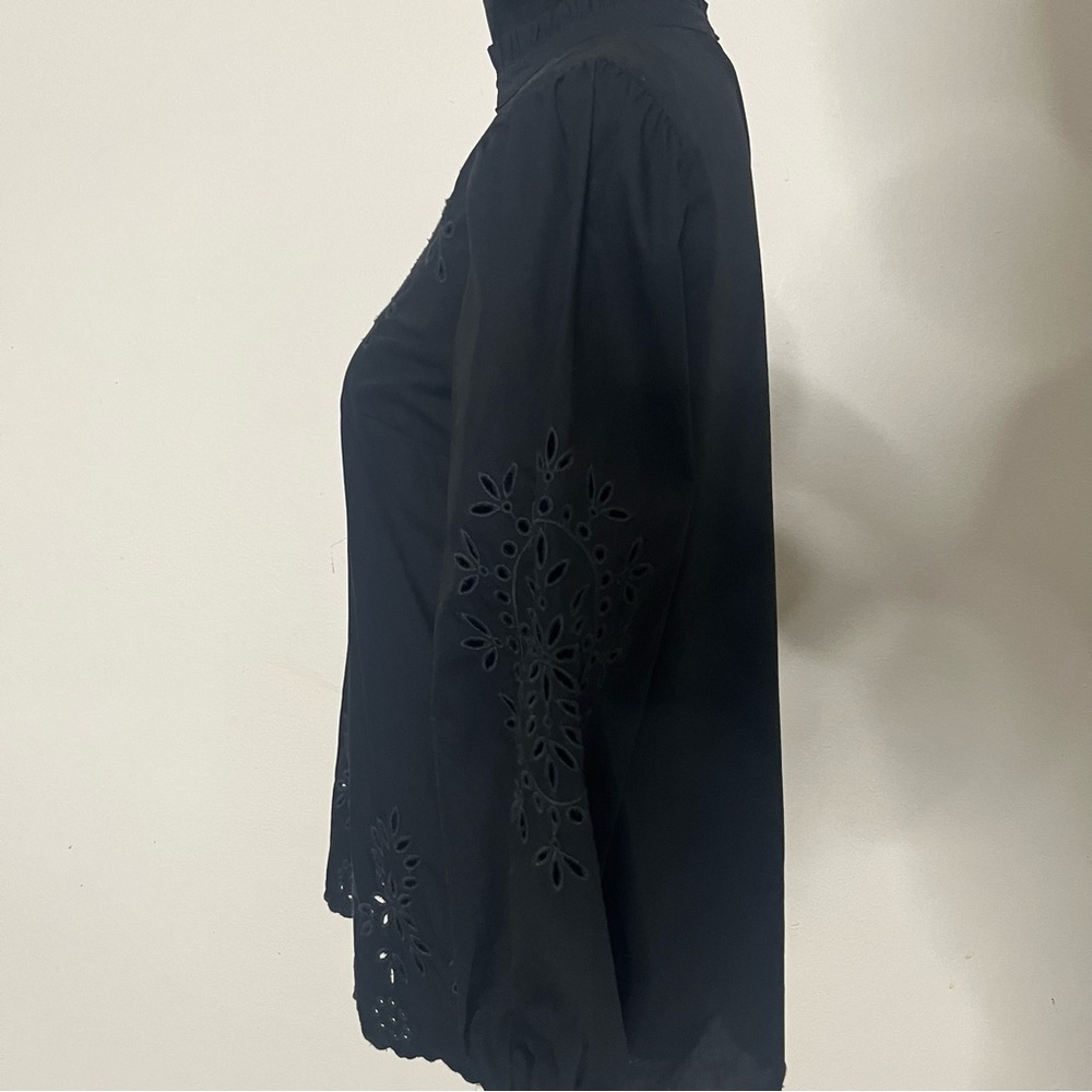 J.‎ Crew Women’s Black Embroidered Eyelet Poplin Mock Neck Blouse Sz XXS - Picture 5 of 12